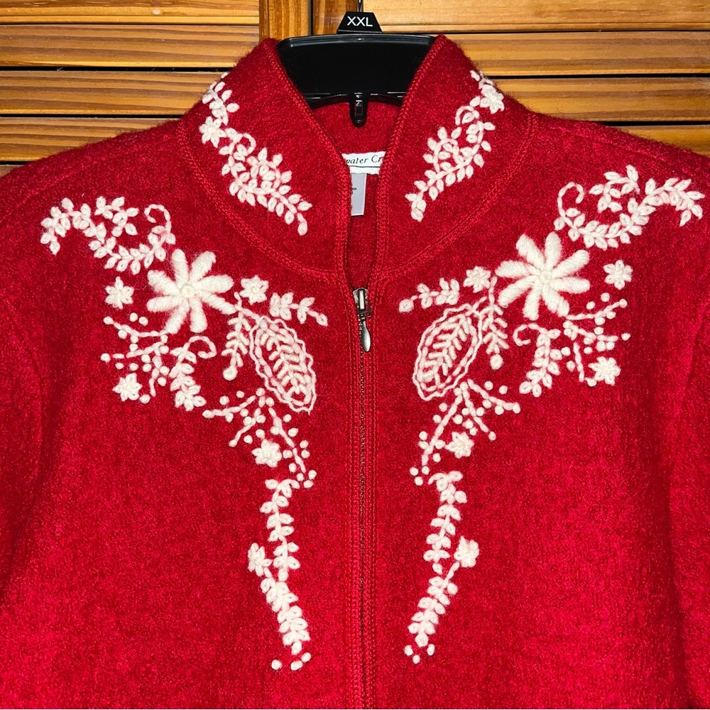 Coldwater Creek Red Wool Front Zip Long Sleeve Embroidered Jacket Small